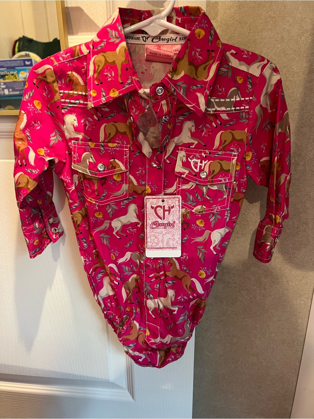 Cowgirl Hardware Hot Pink Horse-Print Button-Front Kids Shirt Bodysuit